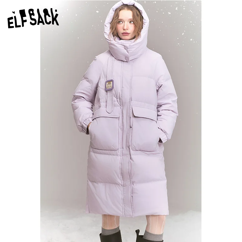 ELFSACK 2024 Winter New Arrivals Fashionable loose contrast color mid-length hooded warm down jacket for women