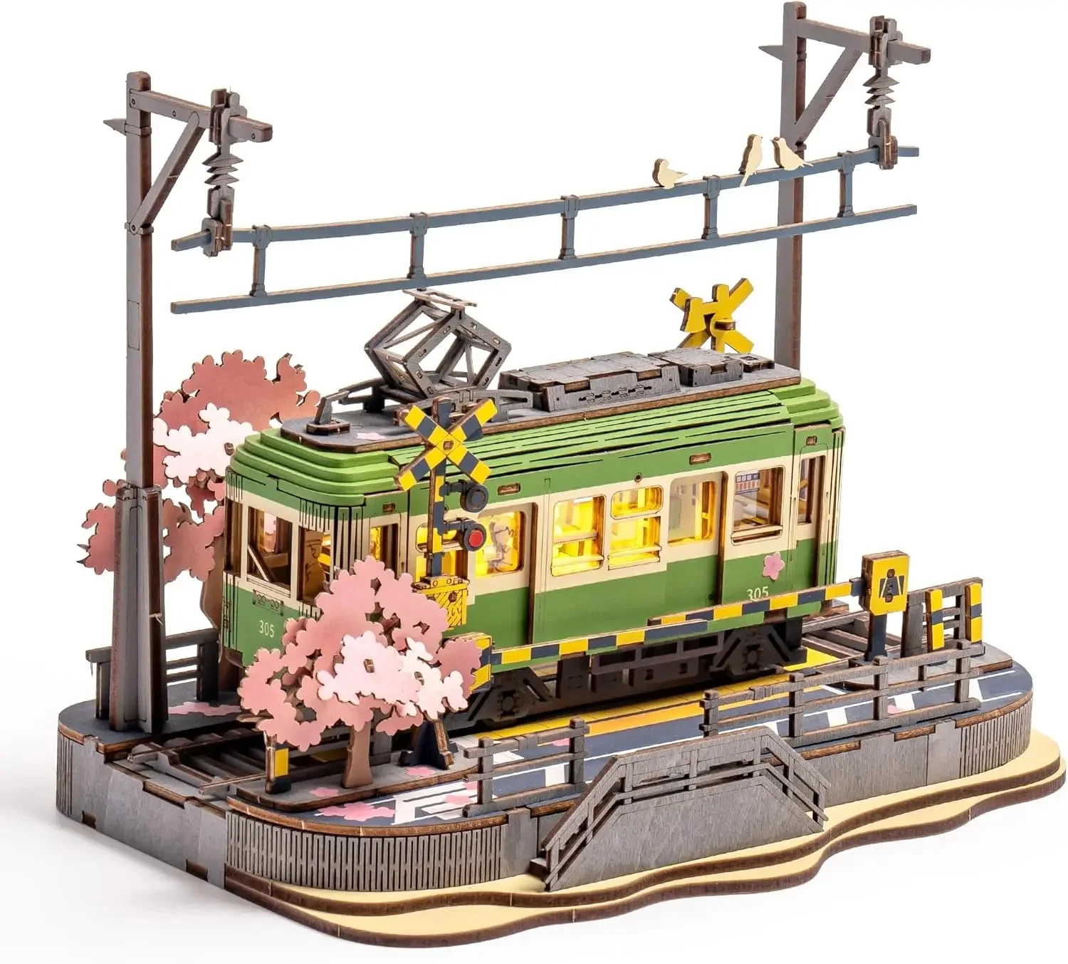Robotime 3D-Puzzles Sakura Journey DIY Modellbauspielzeug mit LED-Licht Holzhandwerkssets Straßenbahn Hobby für Kinder Denkaufgabe Geschenk