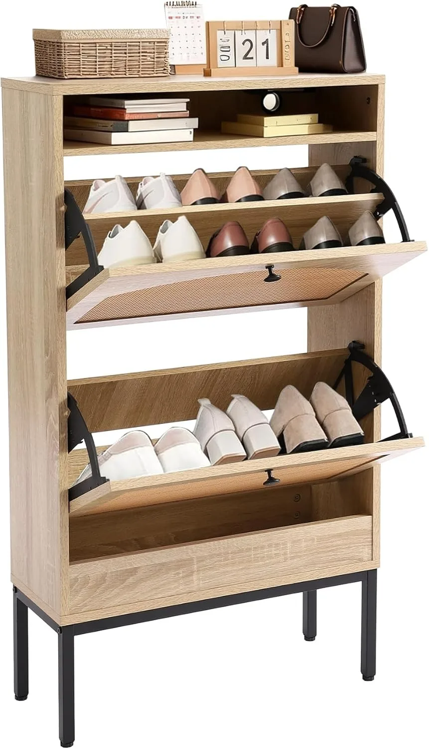 

Shoe Cabinet with 2 Flip Drawers, Free Standing Wooden Shoes Storage Cabinet with Rattan Doors for Front Door Entrance