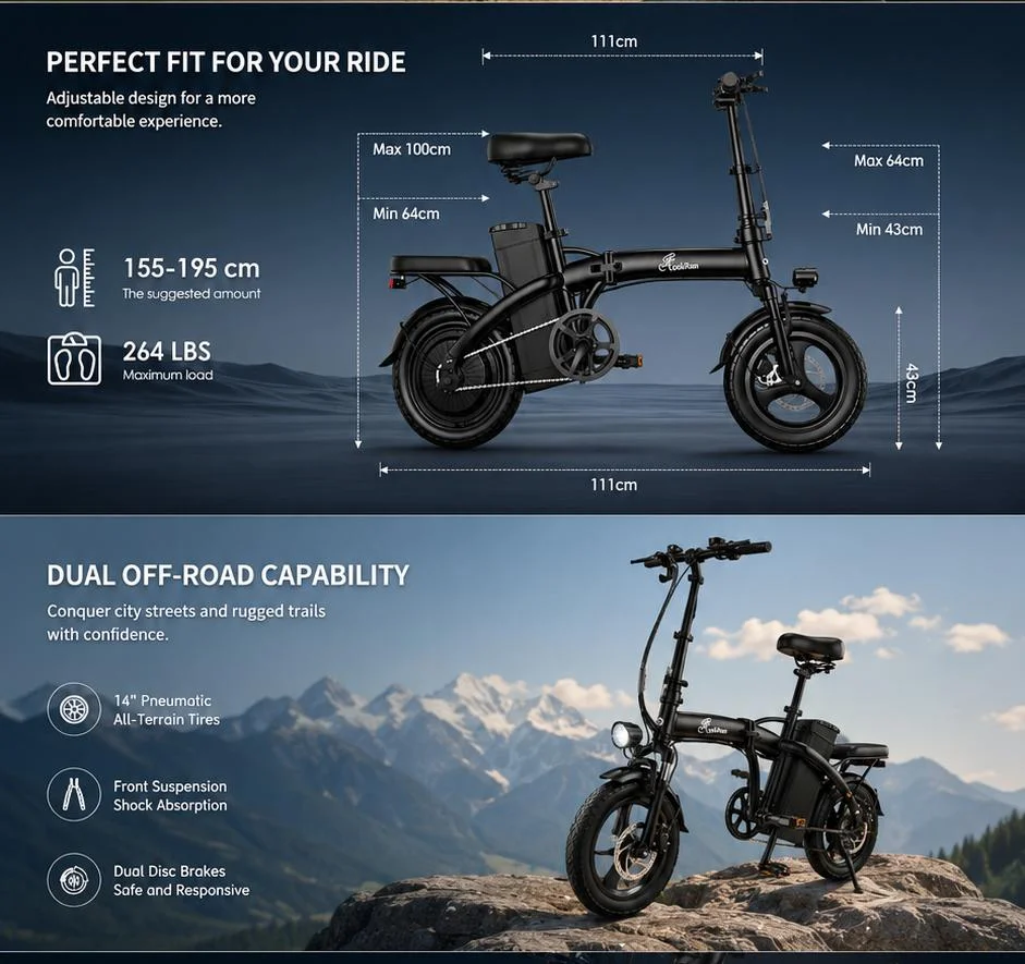 Folding Electric Bike,48V15AH Speed Over 20 MPH, 650W Adult Electric Bicycle with 14-inch Fat Tires, Max Range 20 Miles image 5