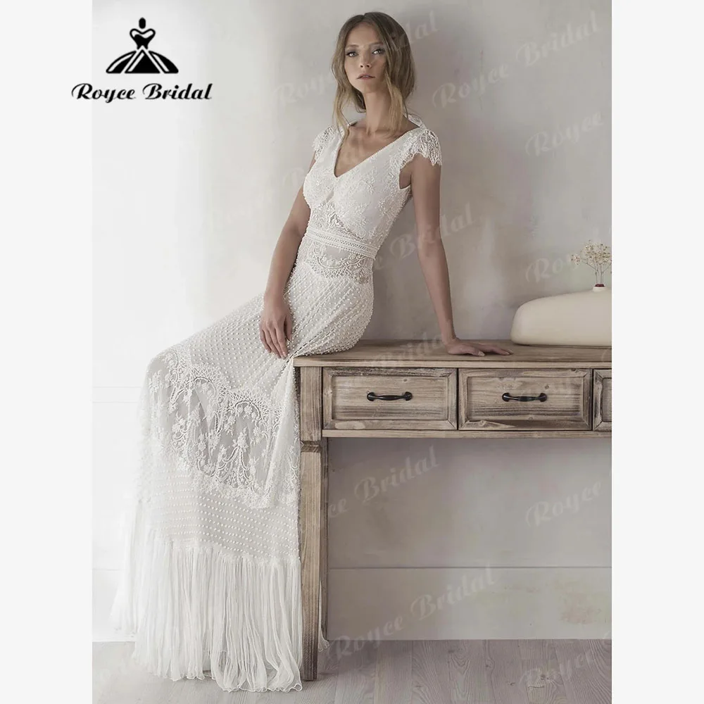 Trouwjurk abito da sposa Boho Beach in pizzo con scollo a V per donna 2024 abito da ricevimento nuziale senza schienale con maniche a berretto abiti da sposa estate