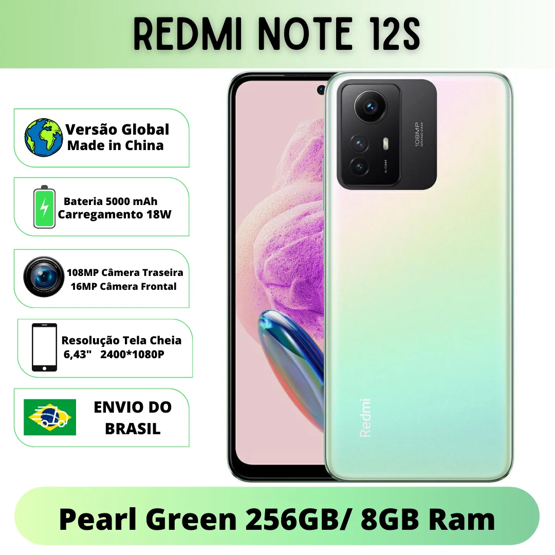 Xiaomi Redmi Note 12S 256GB Pearl Green 8GB Ram Versão Global | Smartphone 4G , ROM Global , Câmera 108MP , Carregador 18W