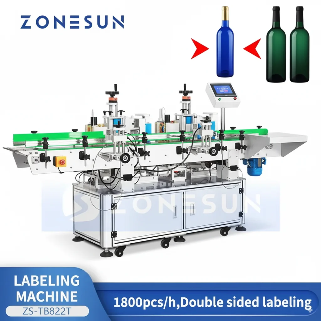 Zonesun ZS-TB822T máquina de rotulagem de lado duplo etiquetadora frontal e traseira para garrafas redondas e embalagens de cosméticos