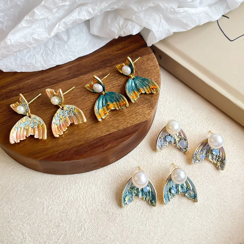 

Fishtail Styling Drip Glaze Natural Pearls Drop Earrings Women's Colourful Trendy High Quality Jewellery Original Designs