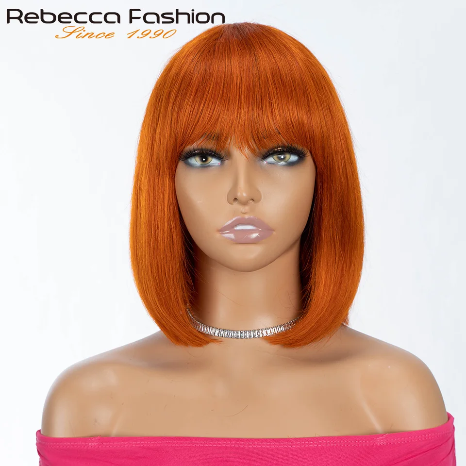 180D Orange/Ginger Colored Blonde Straight Human Hair Bob Wigs With Bangs Remy Full Machine Made for Women P4/30 613 99J T1B/27