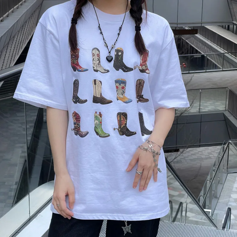 女性のためのヴィンテージの夏のTシャツ,だぶだぶのTシャツ,ボヘミアンTシャツ,カウボーイTシャツ,レトロなプリントTシャツ