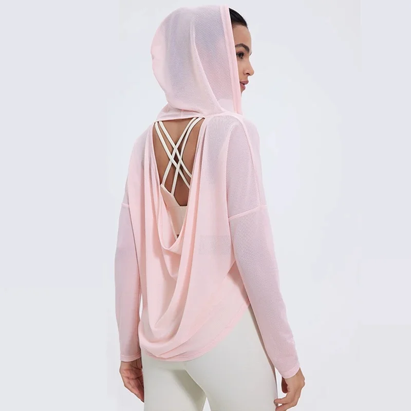 Damskie sportowe bluzy cienkie luźne koszulki do jogi długie rękawy koszulka do biegania bluzy anty-uv dziewczyny drążą siłownia Fitness top z kapturem — zdjęcie 2