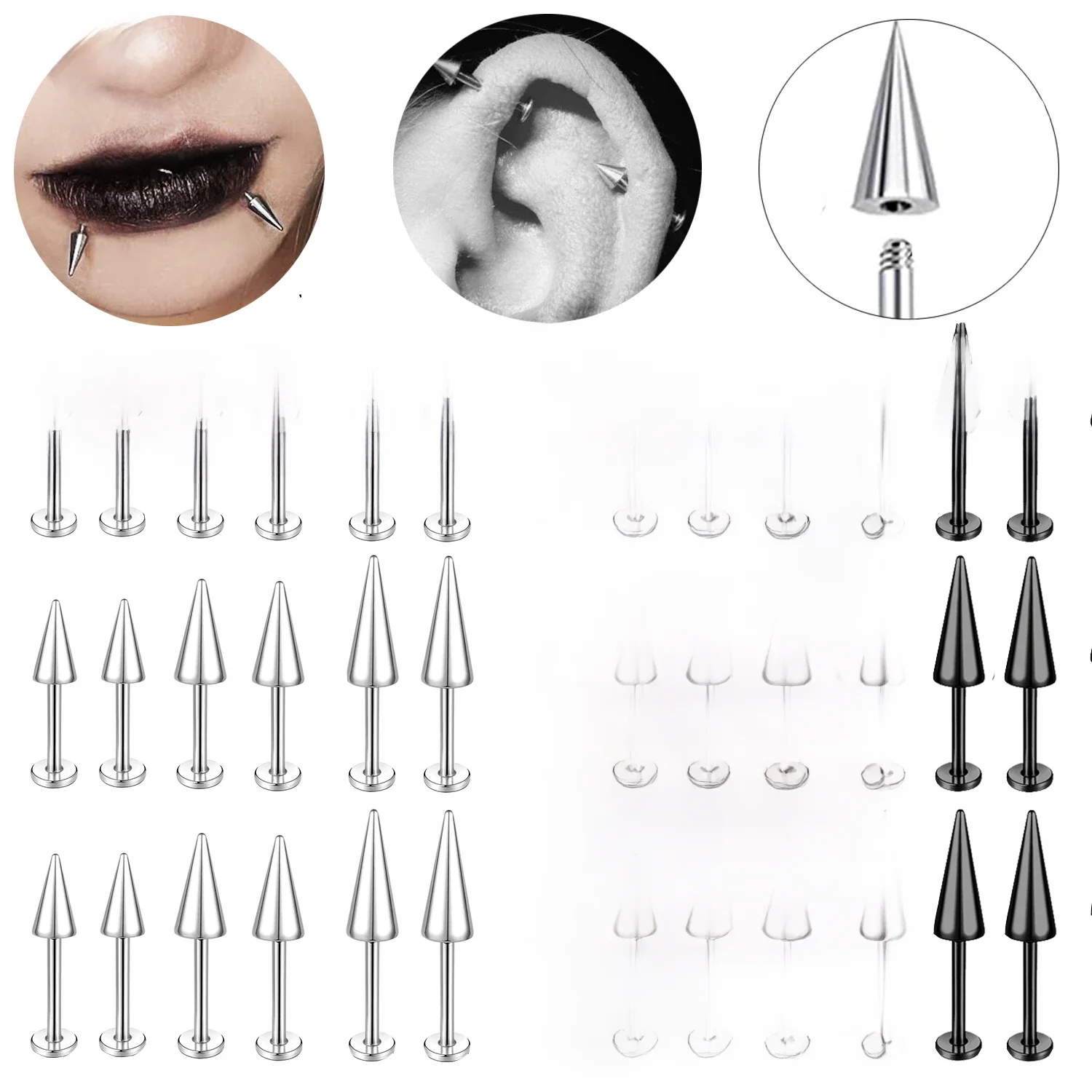 ZS 3 teile/los 16g Kegel Spike Labret Stud Chirurgische Stahl Knorpel Ohrringe Schwarz Farbe Barbell Piercing Tragus Helix Rook jewerly