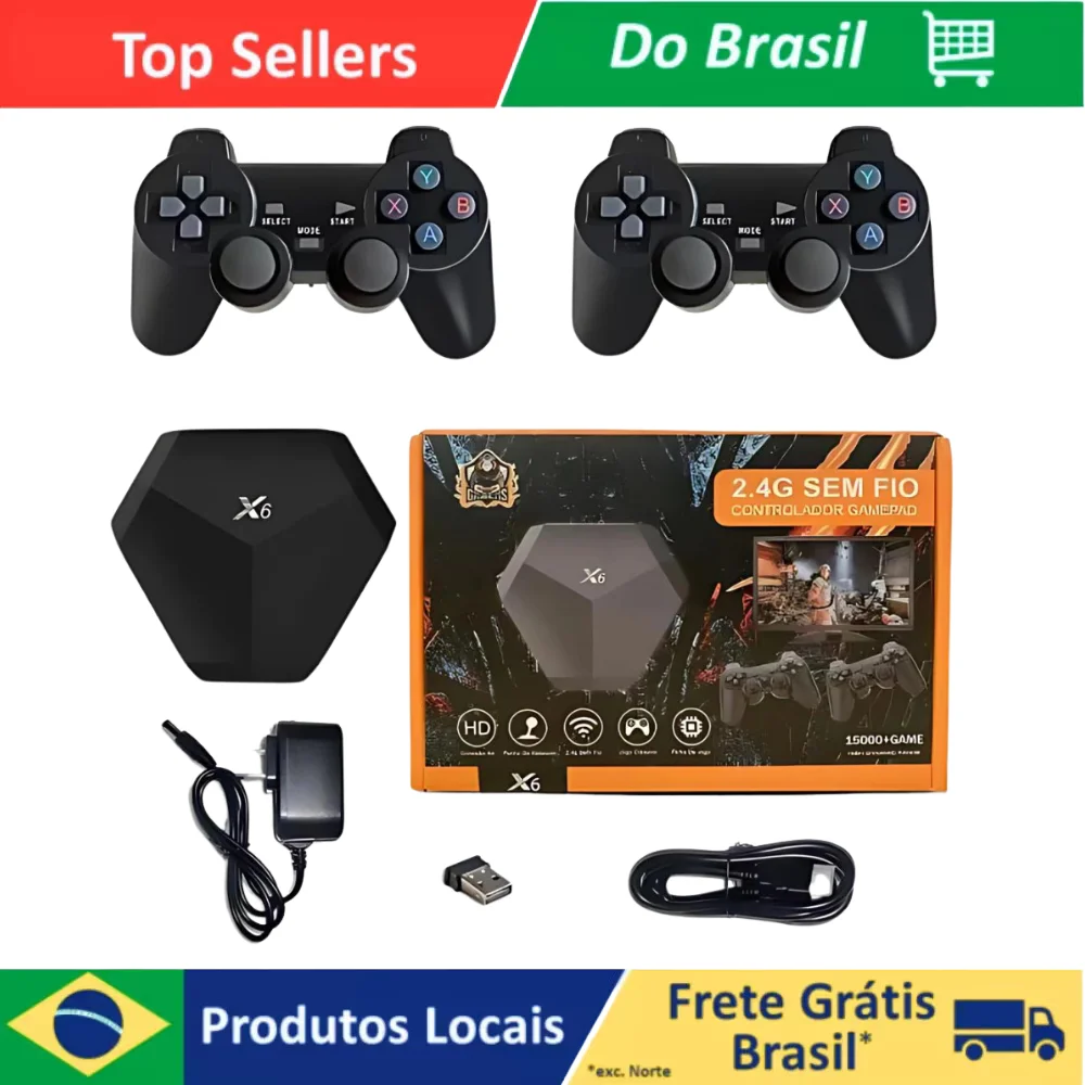 Video Game  4K HD 15 mil jogos Console, +2 Controles X6  Controlador Sem Fio, Mini Game Box,  AV, Saída HD