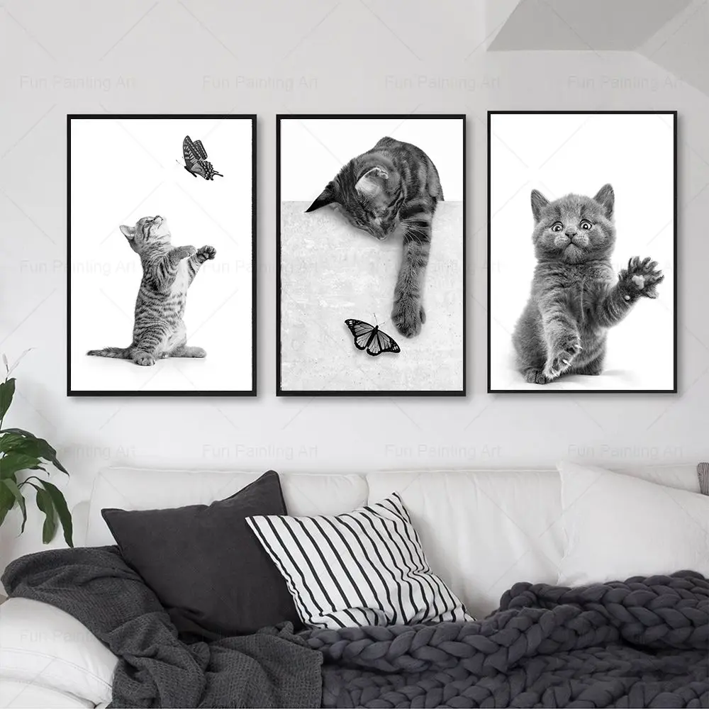 Black White Cute Cat Butterfly Funny Animal Pet Art Canvas Painting Nordic Posters And Prints Wall Picture For Living Room Decor