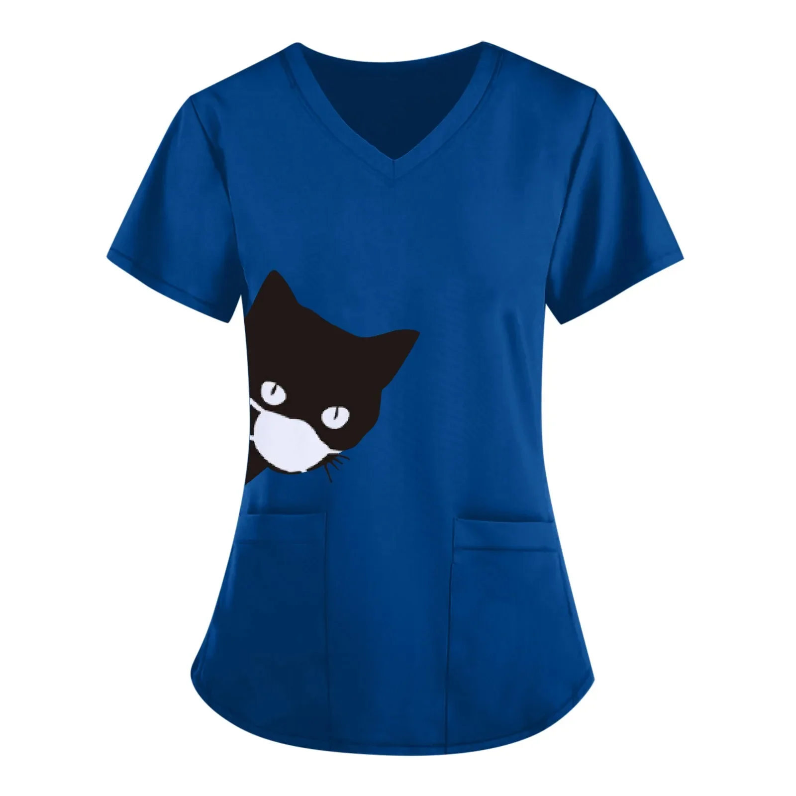 Women Scrub Top With Cat Cartoon Scrub Uniforms V-Neck Thin Nurse Tops For Women Short Sleeve Tees Blouse Healthcare T Shirt