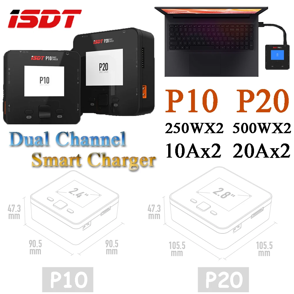 

ISDT Smart Charger P20 500WX2 P10 250WX2 DC Dual Channel Lipo Battery Balance Charger Support Multiple Languages/USB-C Interface