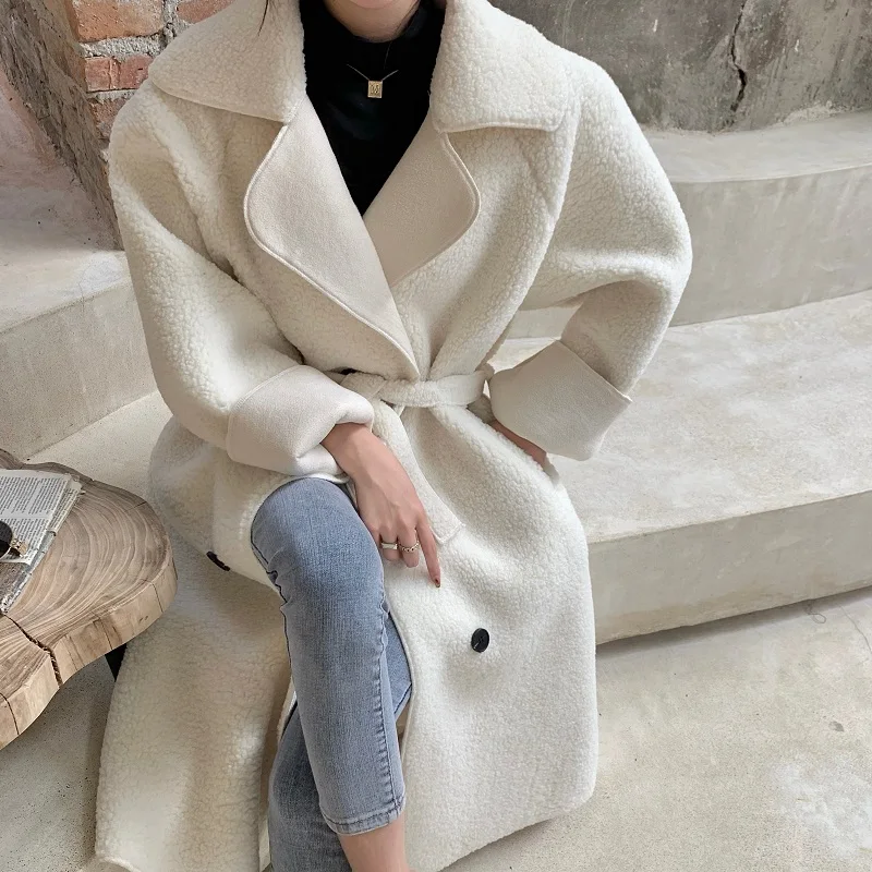 Winter Ins Long Coat Women's Loose Warmth Lamb Hair Thickened Cardigan Apricot Black Jackets