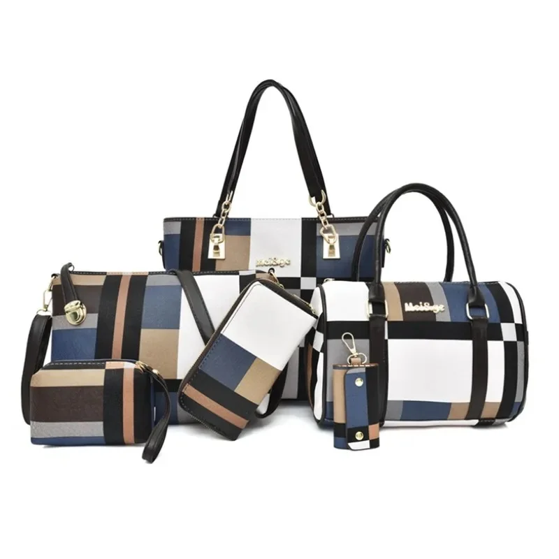Moda luksusowe kobiety o dużej pojemności 6 in1 torba na ramię PU skóra kobiet Plaid kolor 6 sztuk zestaw Retro torebka na ramię torba — zdjęcie 2