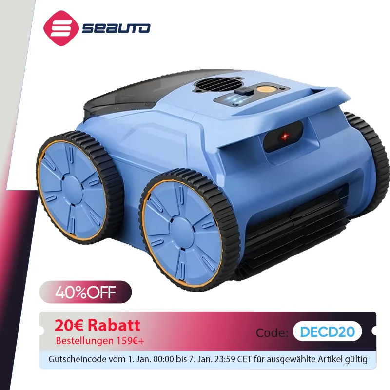 Aspirateur de piscine Seauto SAT20 150 minutes fonctionnant jusqu'à 2000 pieds carrés, aspiration puissante de 45,000 Pa, escalade murale pour piscine hors sol