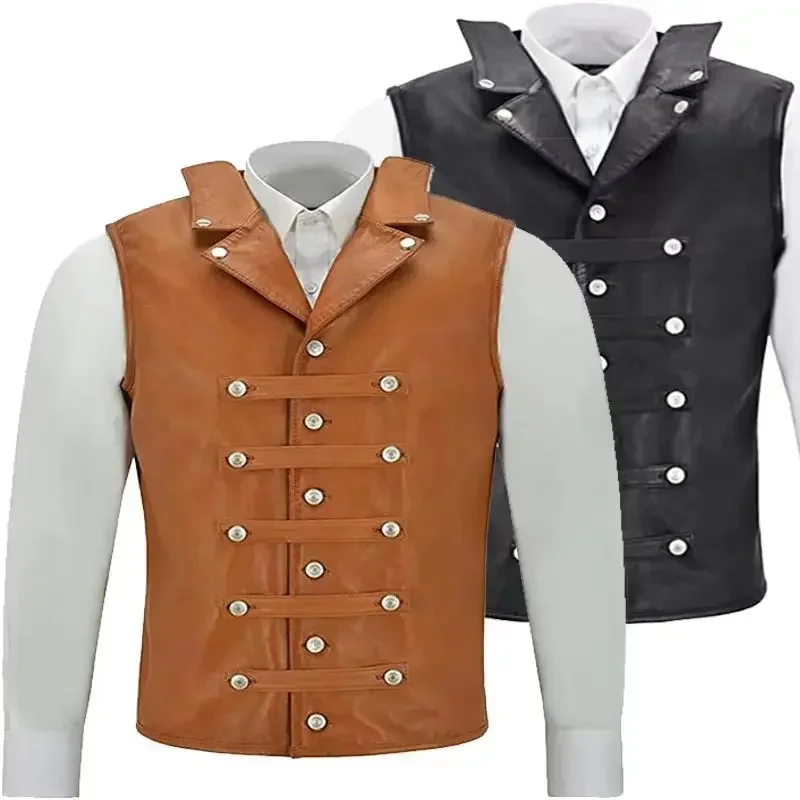Gilet en cuir Vintage pour hommes, simple boutonnage, haut sans manches, punk, chevalier médiéval, gilet de cyclisme, gilet hip hop