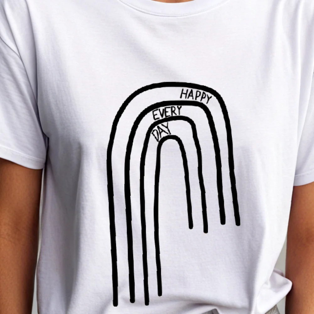 Happy Rainbow Line Art T Shirt Cheerful Graphic Design Positive Casual Loose Short Sleeved Simple Unique Streetwear Cloth Tops