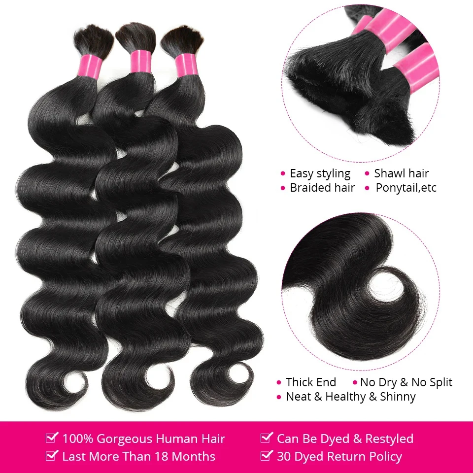 Bulk Raw Human Hair Body Wave, Remy Extensões para Trançar, 100% não transformados, sem trama, 100g