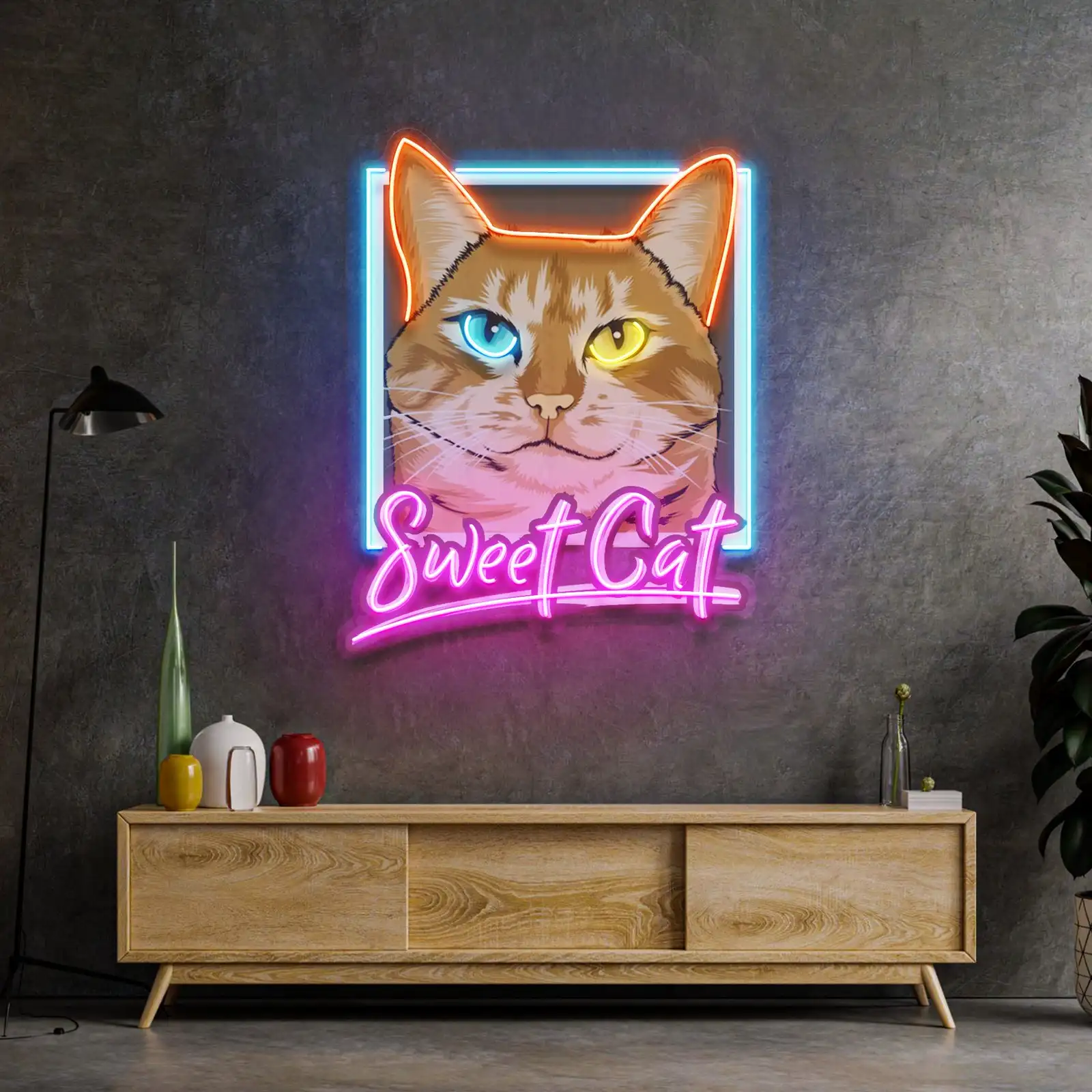 Sweet Cat Neon Sign Pop Art Wall Decor UV Printed Game Room Sign Cute Pet Animal Home Decor Birthday Gift for Kids Bedroom Sign