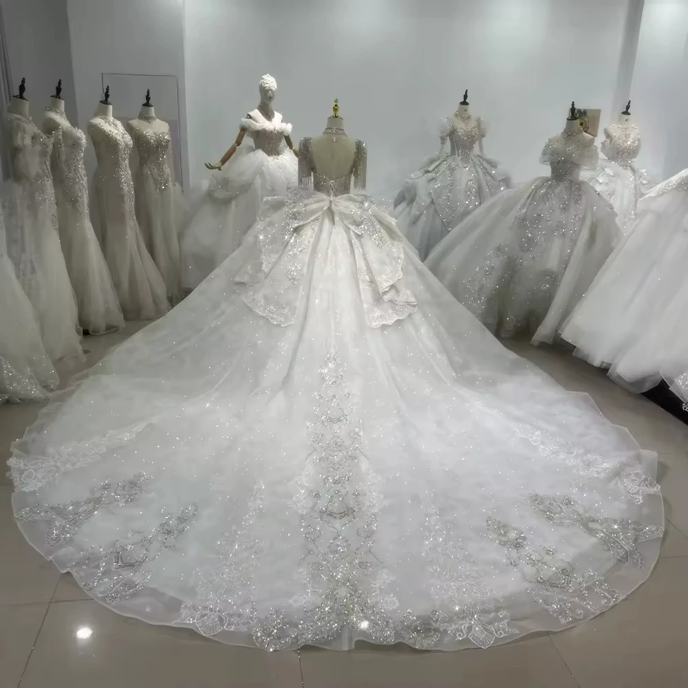 브라이덜 드레스 짧은 소매 O넥 웨딩 드레스 레이스업 백 볼 가운 보우 태슬 비딩 크리스탈 자수 브라이덜 드레스