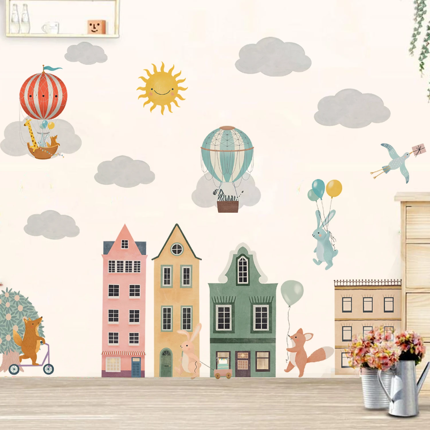 

Cartoon Animals City Hot Air Balloons Clouds Wall Sticker Nursery Child Room Art Vinyl Decal Kids Room Bedroom Living Home Decor