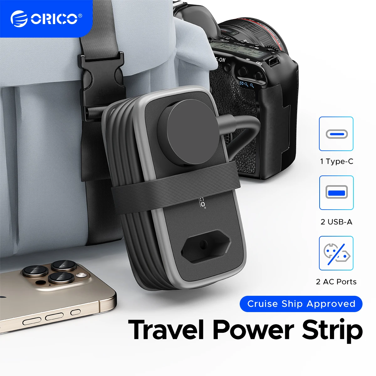 ORICO EU Plug Travel Power Strip with 3AC 3USB Port 1.1M Extension Cable 5-In-1 Charging Smart Socket for Home/Travel Save Space