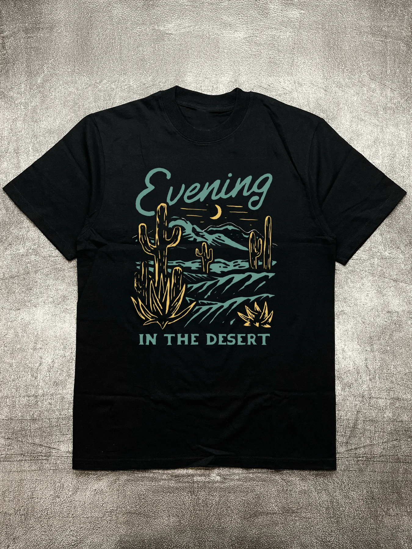 

Men's Black Crew - Neck Short - Sleeve Cotton T - Shirt (200g) with Desert Night Scene Heat - Transfer Print