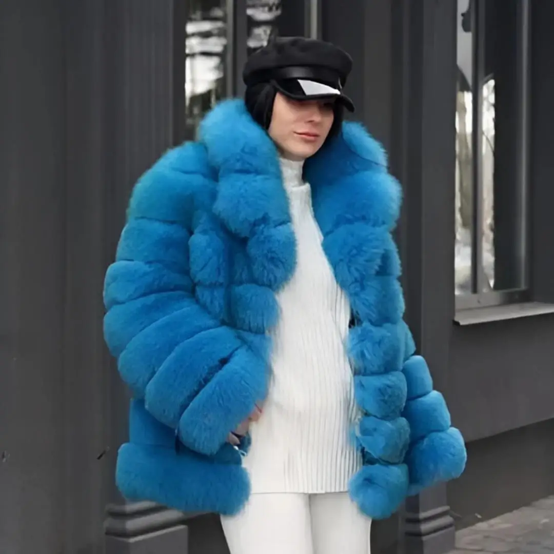 Trendy Women Natural Fox Fur Coat with Turn-down Collar Medium Leather Blue Fur Overcoat Genuine Wholeskin Fox Fur Jacket Female