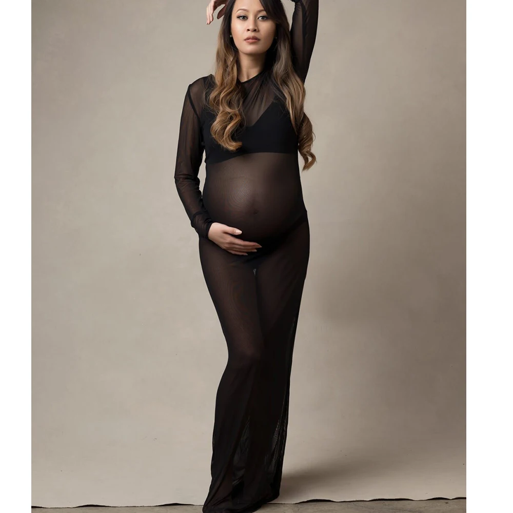 

Black Tulle Bodysuit Pregnancy Dress Mesh Fabric Long Sleeve Stretch Women Maternity Outfit Slim Fit Style Skirt For Photo Shoot