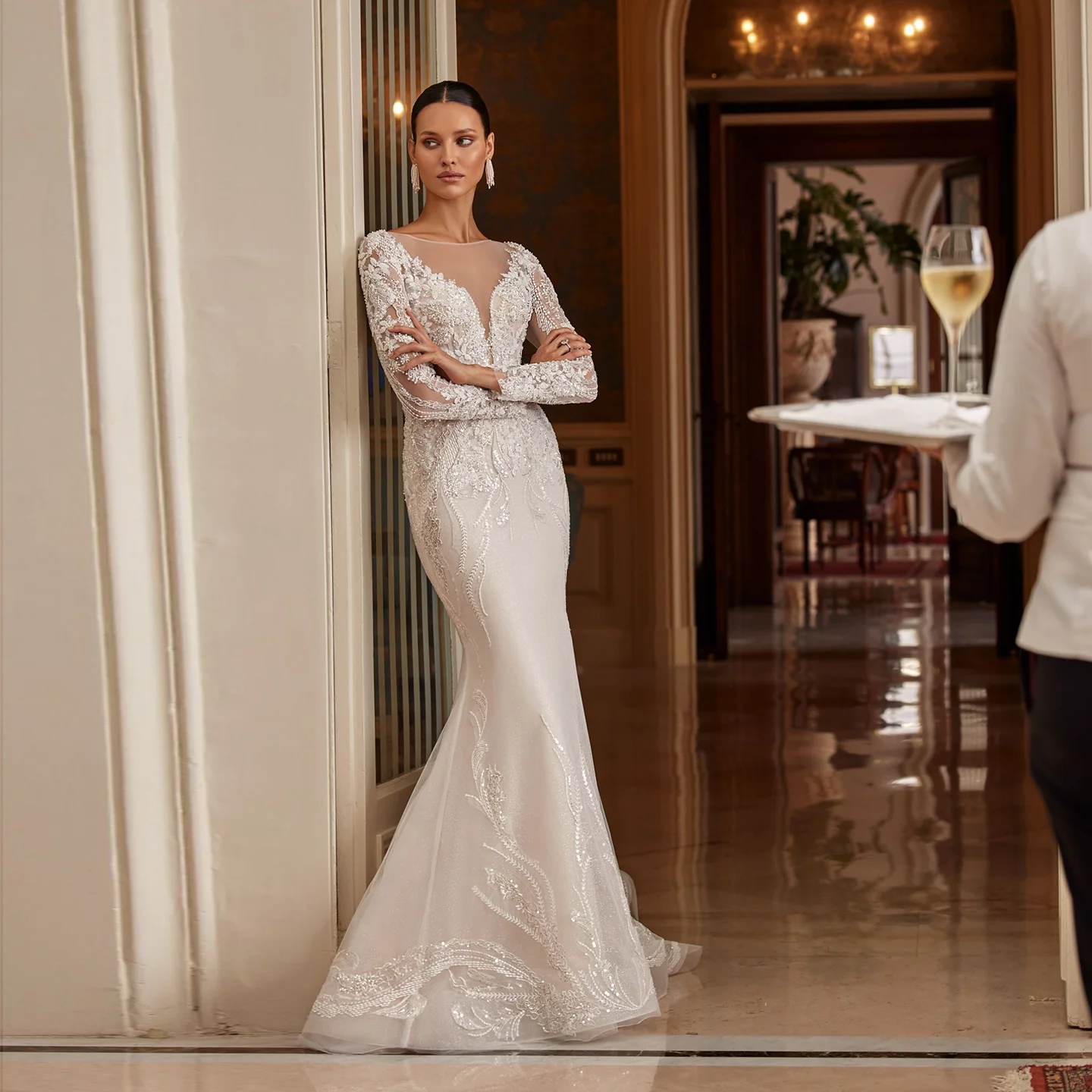 

Sharon Said Modern Mermaid Off White Tulle Wedding Dress 2025 Vintage Corset Long Sleeve Boat Neck Bride Gowns SW504 Customized