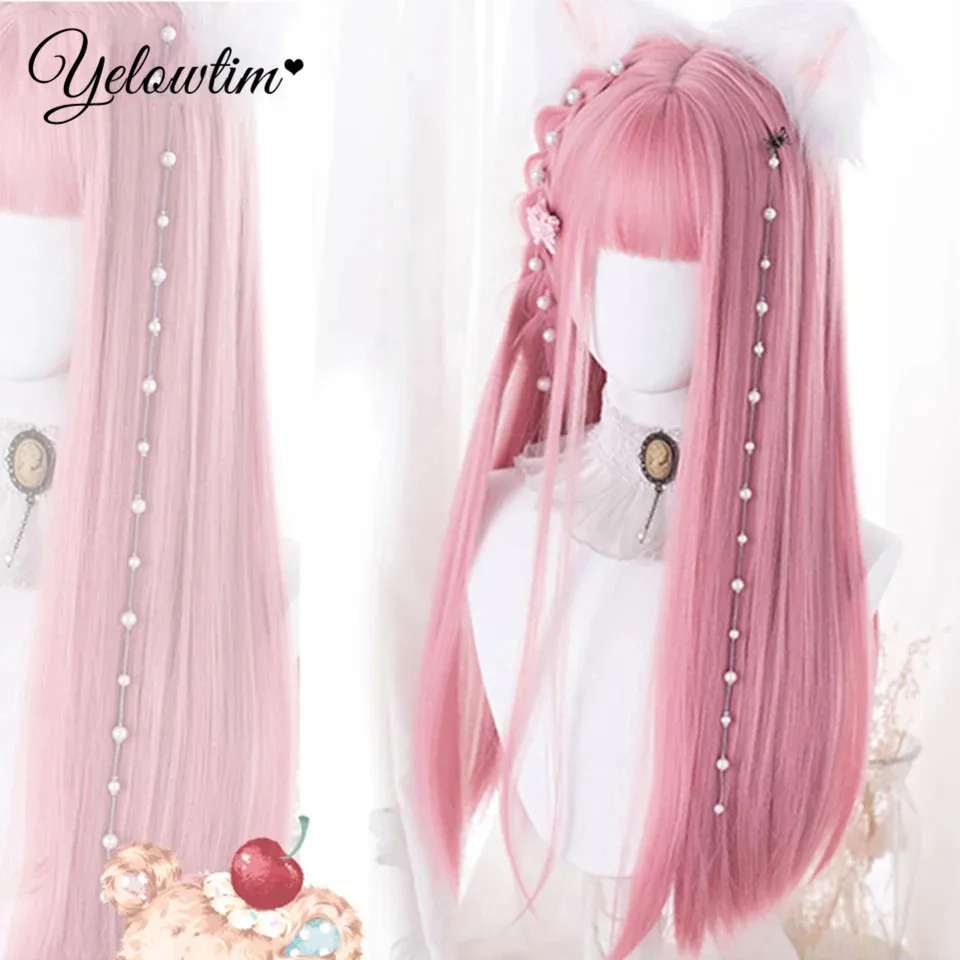 Yelowyim Cosplay Perücke mit Pony synthetisches glattes Haar 24 Zoll lange hitze beständige rosa Perücke für Frauen