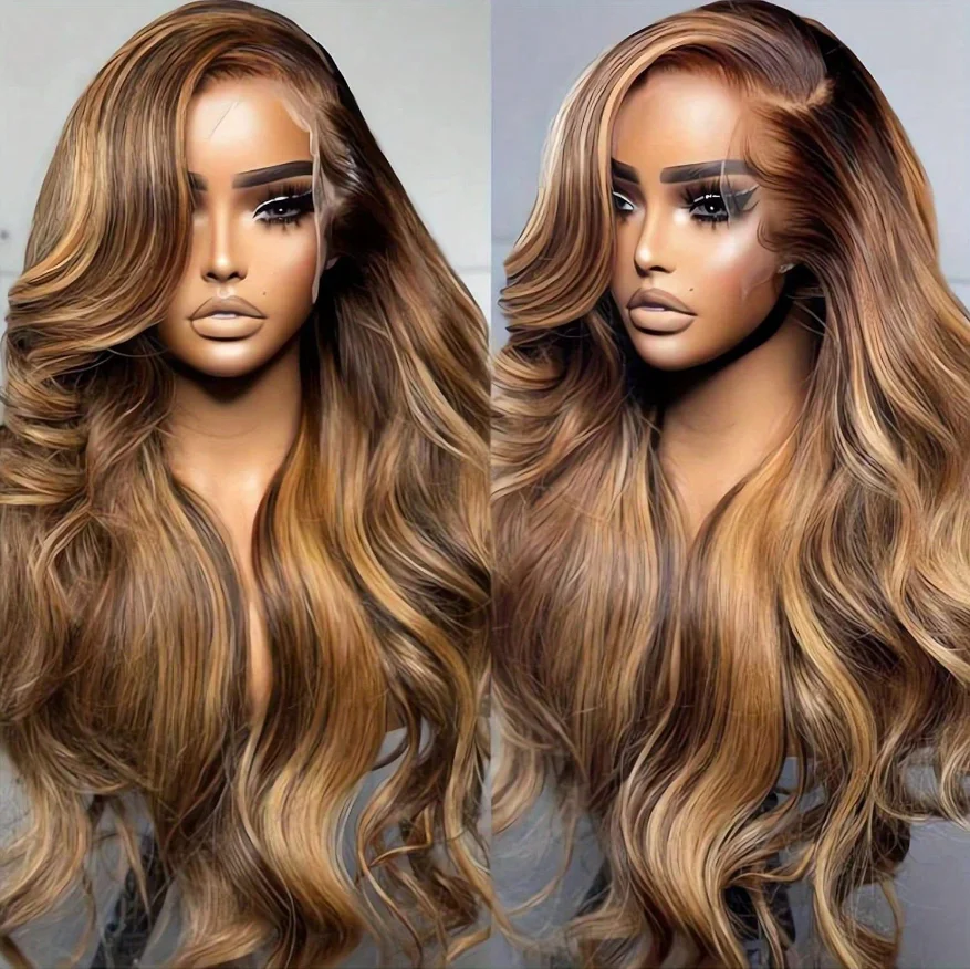 

28-дюймовый Highlight Ombre Body Wave 13x4 HD Парики фронта шнурка Человеческие волосы 200 Плотность Медовый блондин 4/27 Парики фронтальной части шнурка Человеческие волосы