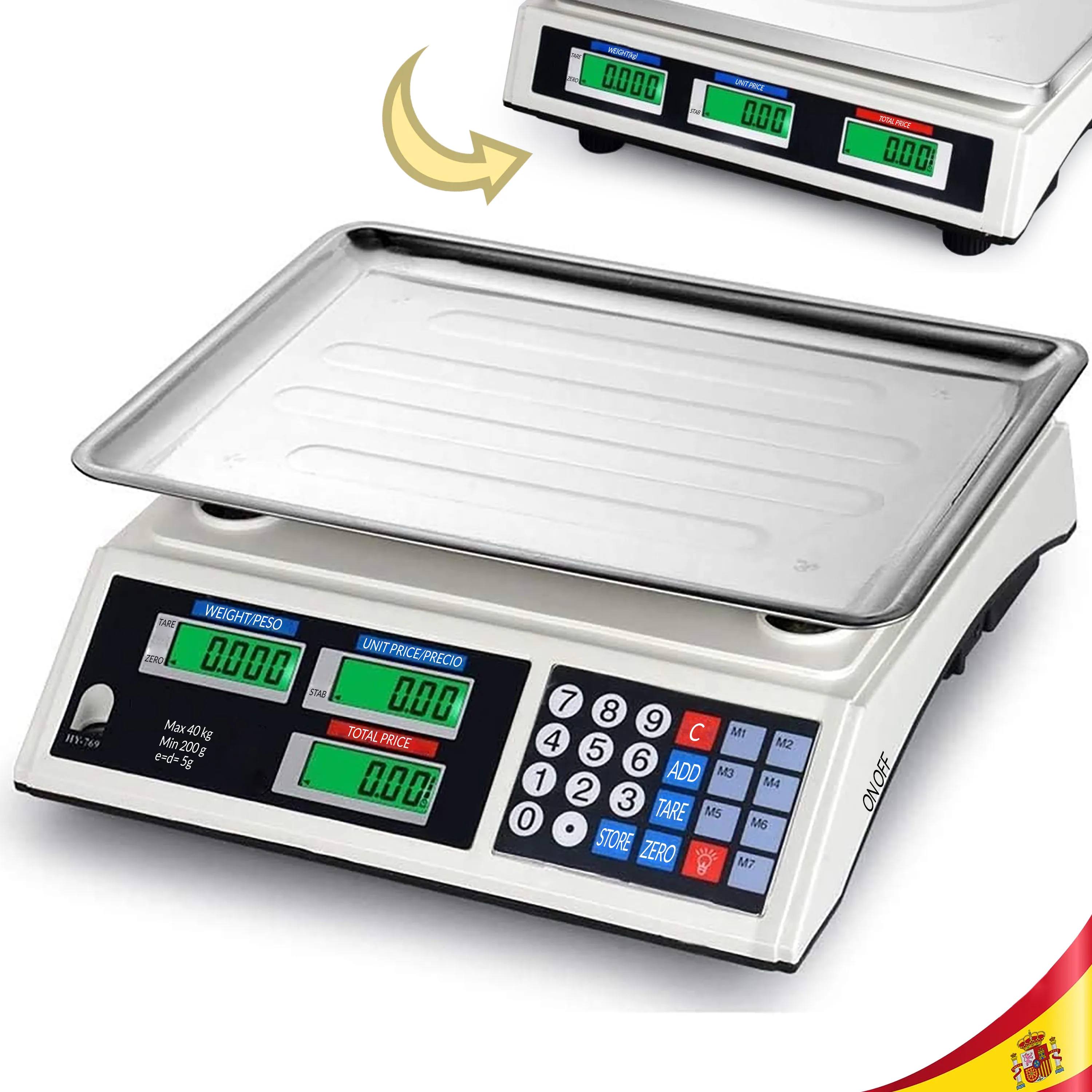 Balanza Comercial Digital de Precisión con Batería Recargable, Homologada CE y RoHS, para Fruterías, Ferreterías y Tiendas, Bandeja Anticaída, Doble LCD, Funciones ADD TARE STORE ZERO, Capacidad 200g-40kg, 33.5x24.5cm