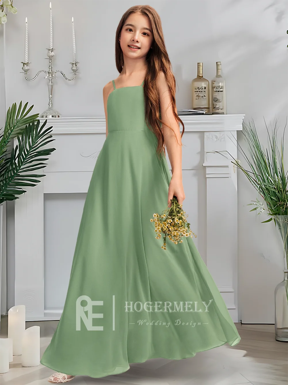 Элегантное платье подружки невесты с квадратным вырезом, шалфейное зеленое платье с цветочным узором для девочек, шифоновое платье длиной до пола с бантом для причастия