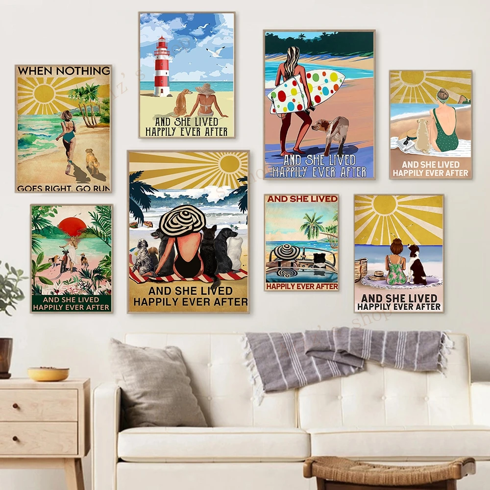 Dziewczyna pies na plaży Surfing bieganie na rowerze plakat Retro plaża słońce płótno z krajobrazem obrazy dekoracje ścienne drukuje Home Decor