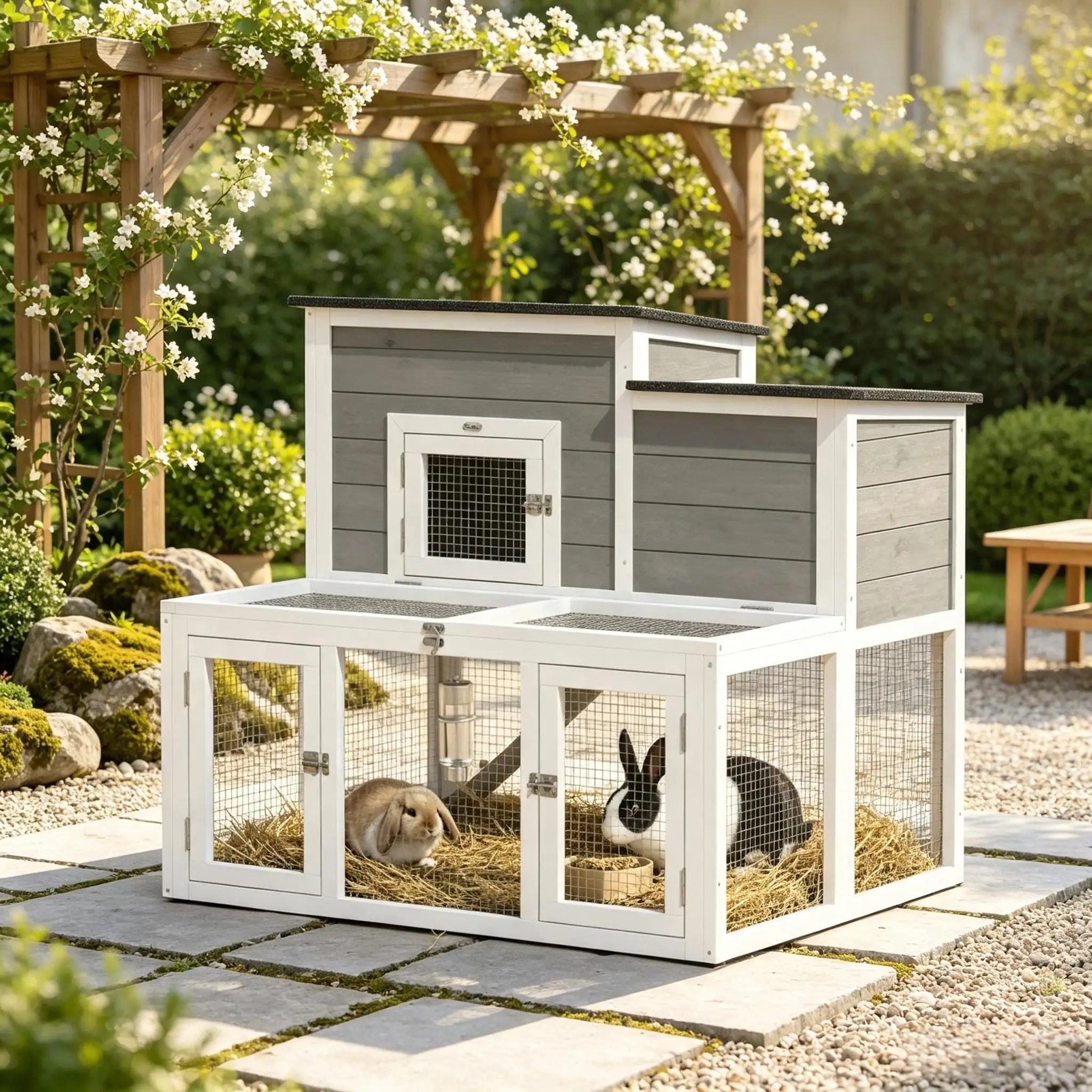 Nichoir extérieur en bois à 2 niveaux pour lapins, avec toit double ouvrable, structure étanche, plateau de nettoyage coulissant et portes d'accès multiples, enclos intégré, maison spacieuse pour lapins et cochons d'Inde pour le repos et les activités de plein air