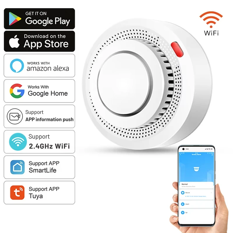Detector de Fumaça Inteligente Tuya WiFi, Alarme de Proteção Contra Incêndio de 85dB, Sensor de Segurança Controlado por APP para Casa, Compatível com Smartlife