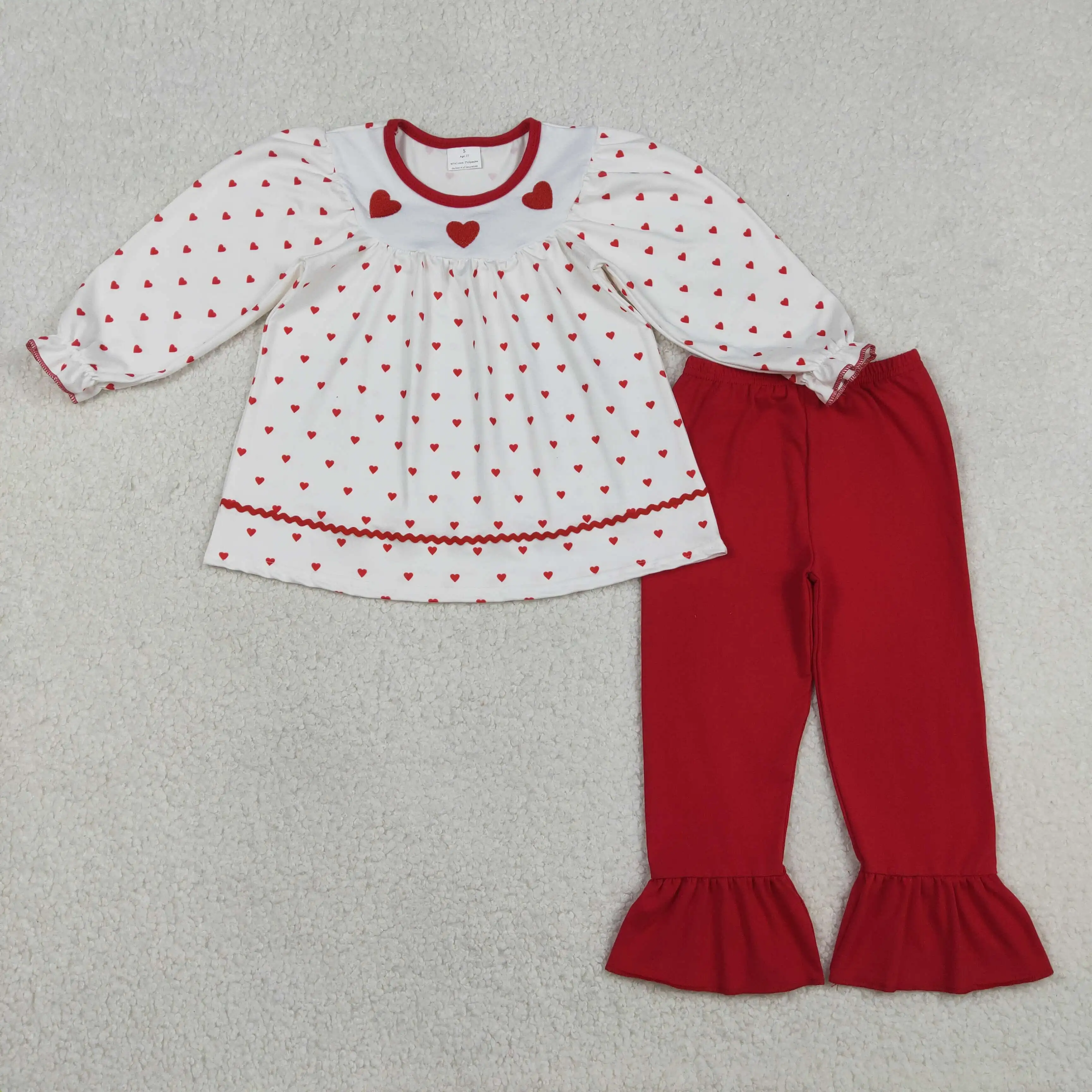 

X12.15 GLP3039 Embroidered Baby Girl Valentine's Day Heart White Long-Sleeved Set with Red Pants