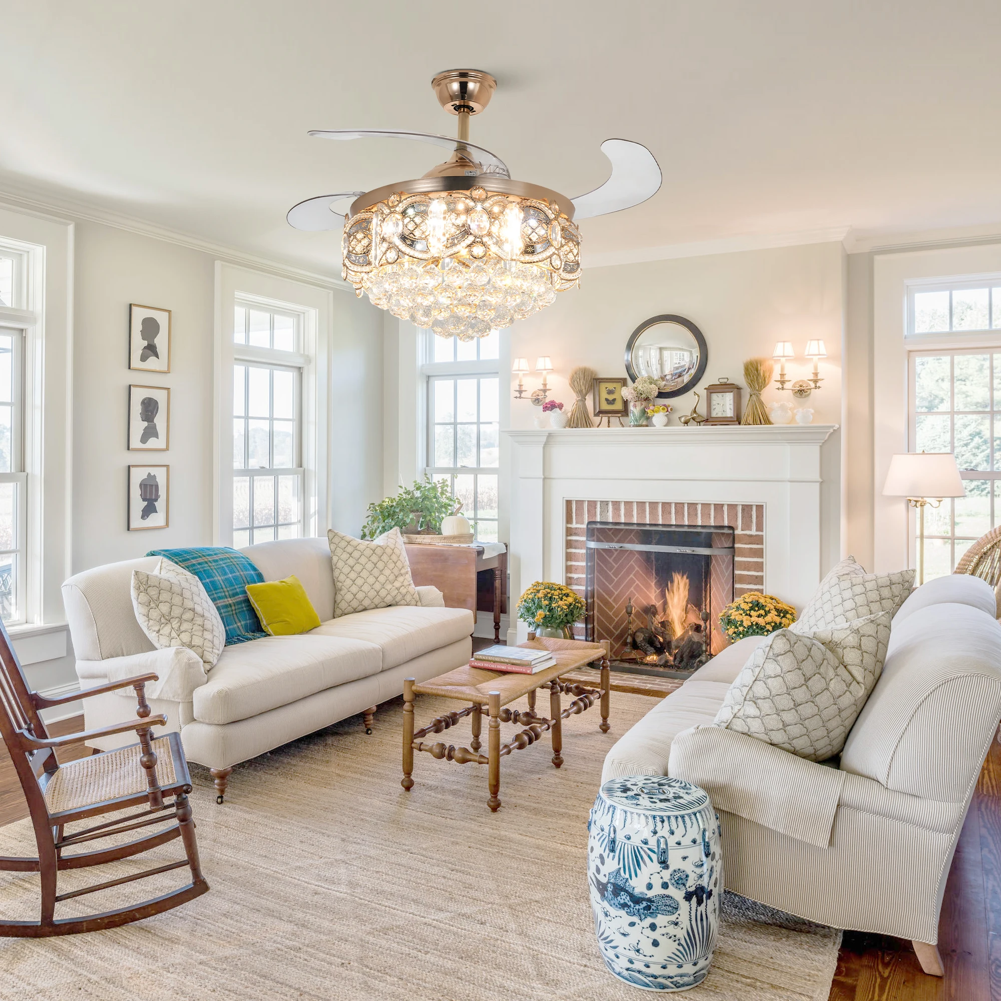 42인치 크리스탈 LED 매립형 천장 선풍기 조명, 리모컨 포함, 거실 및 식당에 적합