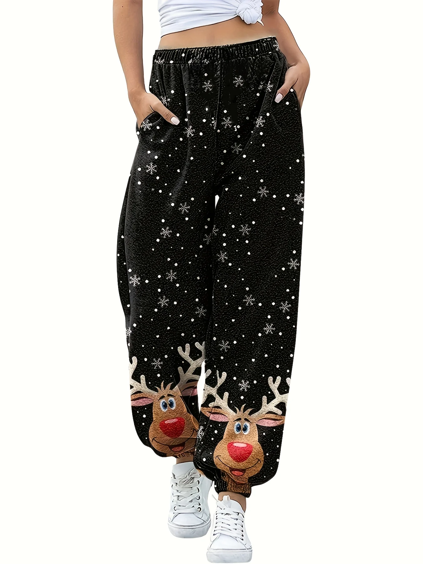 Christmas Reindeer Print Loose Jogger Pants Casual Elastic Waist Pants With Pocket Women\'s Clothing