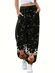 Christmas Reindeer Print Loose Jogger Pants Casual Elastic Waist Pants With Pocket Women's Clothing