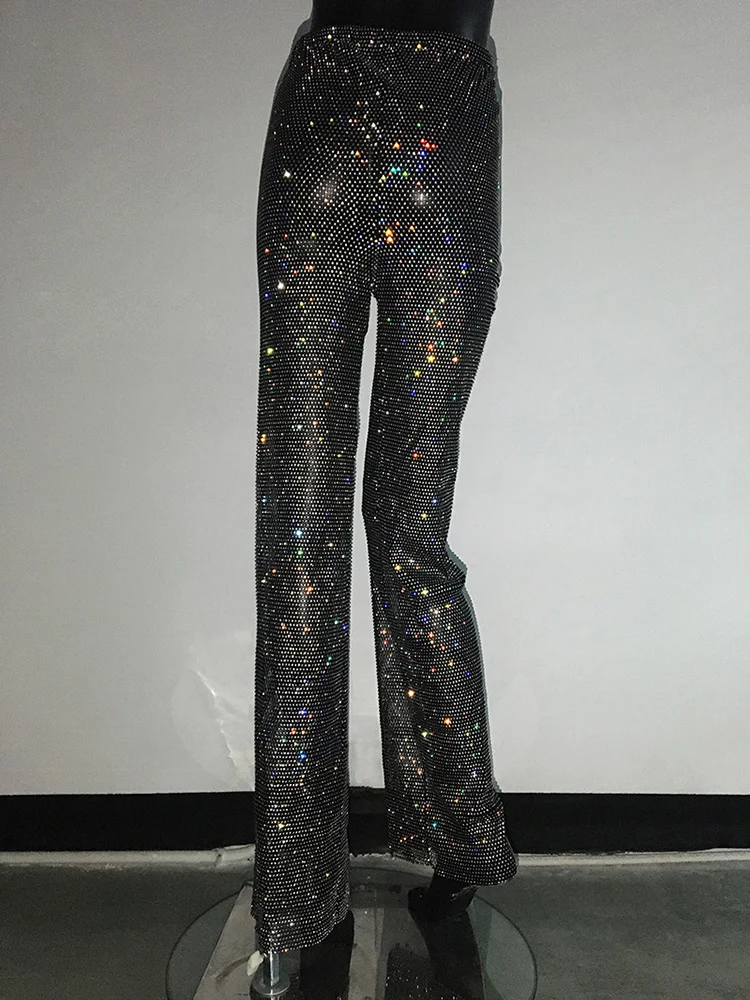 Pantaloni da donna con strass glitterati di lusso da festival y2k Pantaloni lucidi da sera per feste da discoteca con diamanti a rete trasparenti sexy