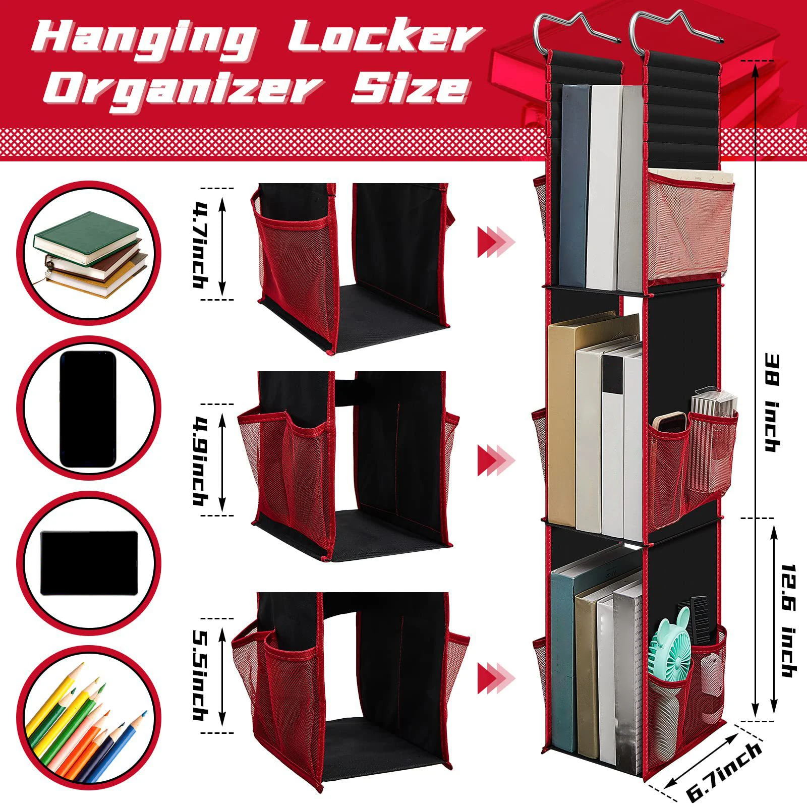 Hanging Storage Organizer with Adjustable Side Compartments for Home and Office Use