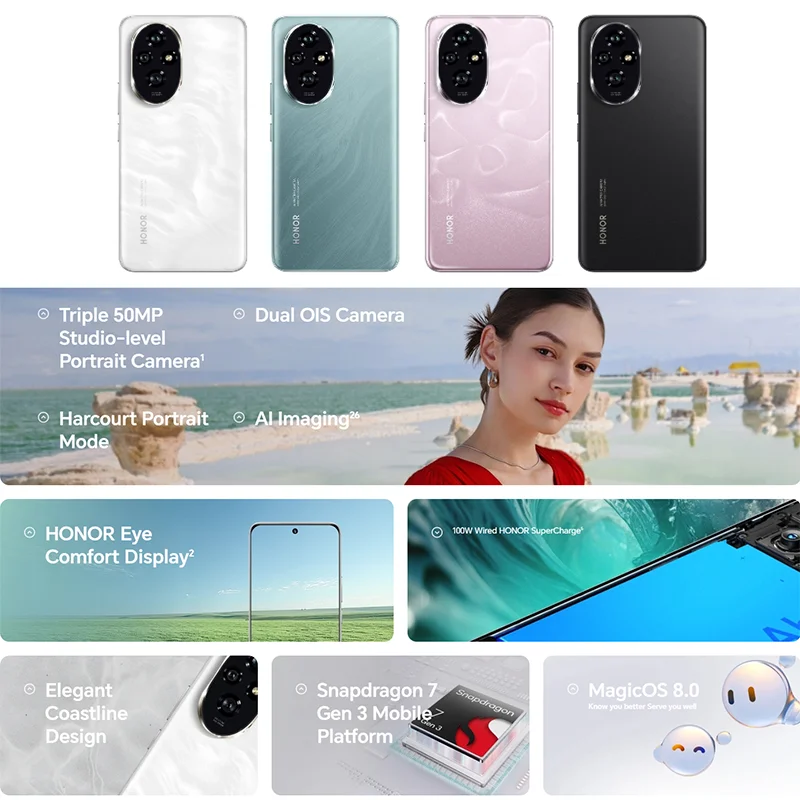 오리지널 밀폐형 HONOR 200, 스냅드래곤 7, 3 세대, 5G 스마트폰, 6.7 인치 AMOLED 디스플레이, 듀얼 OIS, 50MP HONOR, 100W 슈퍼차지 안드로이드