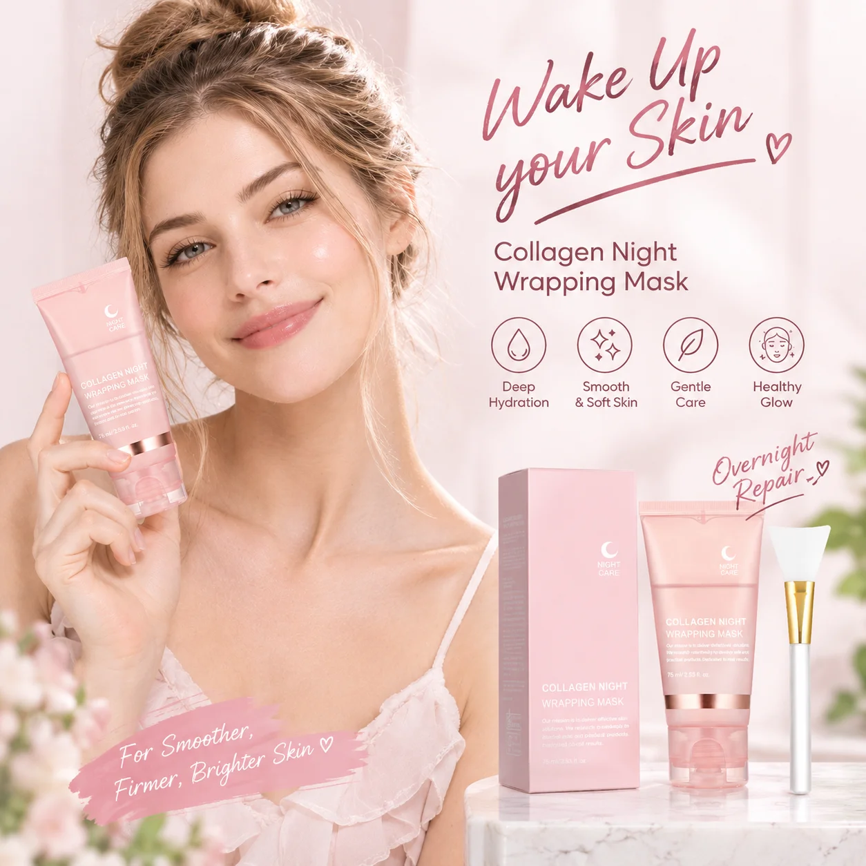 Collagen Night Wrapping Mask Deep Hydrating Firming Brightening Overnight Facial Skin Care Night Wrapping Mask with Brush 75g
