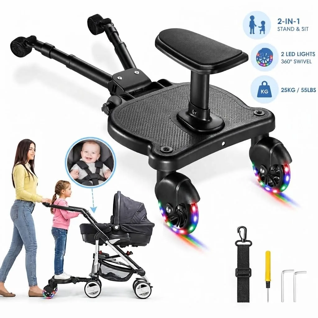 Pedana universale 2 in 1 per passeggino, con sedile, per bambini dai 3 ai 7 anni, bracciolo regolabile da 13 pollici, rotazione a 360° ° Ruote girevoli con 2 luci a LED, capacità di carico di 25