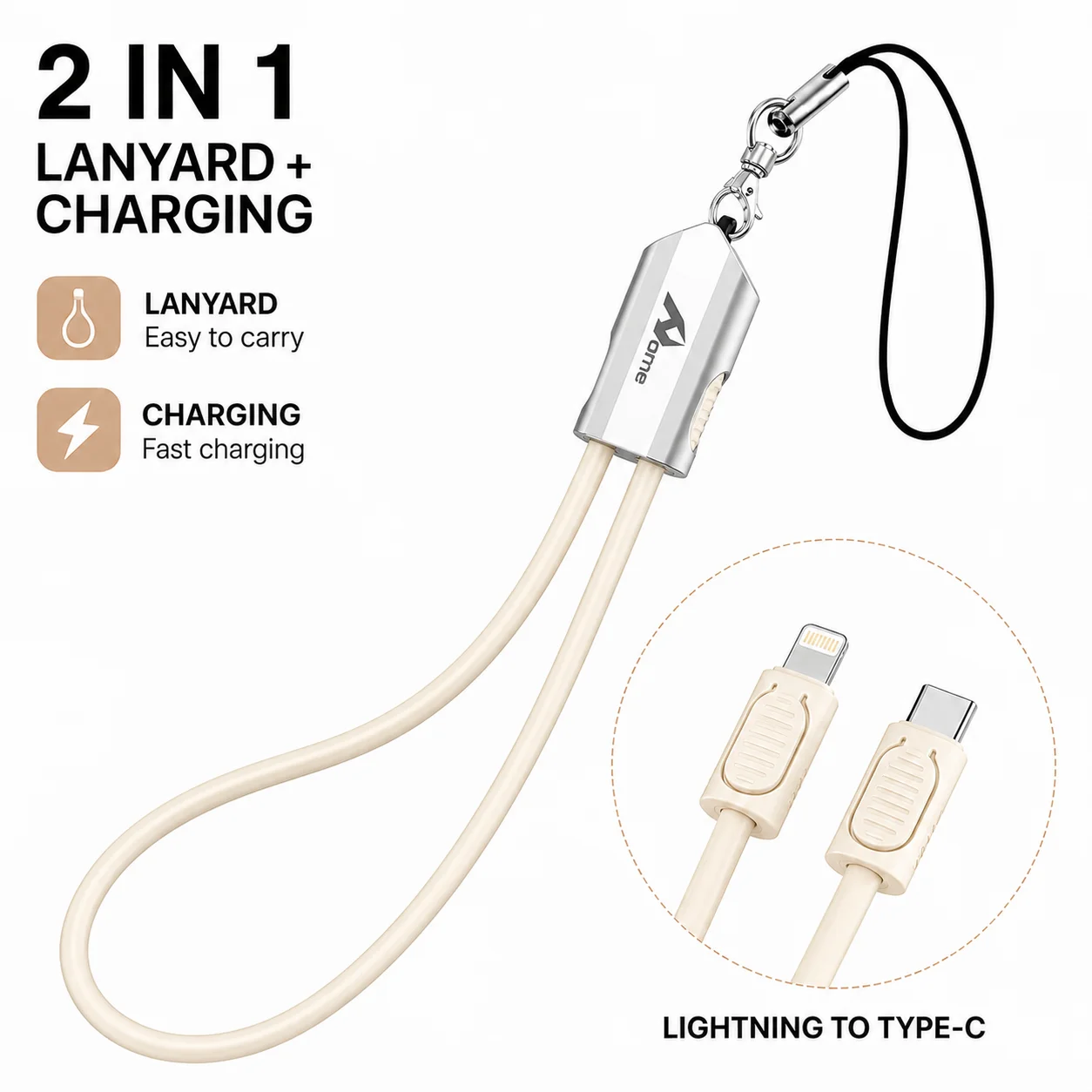 USB-C naar Lightning 2-in-1 kabel met riem |     Snelladen 35W 3A |     Hangende sleutelhanger 30 cm |     Datakabel voor iPhone en iPad