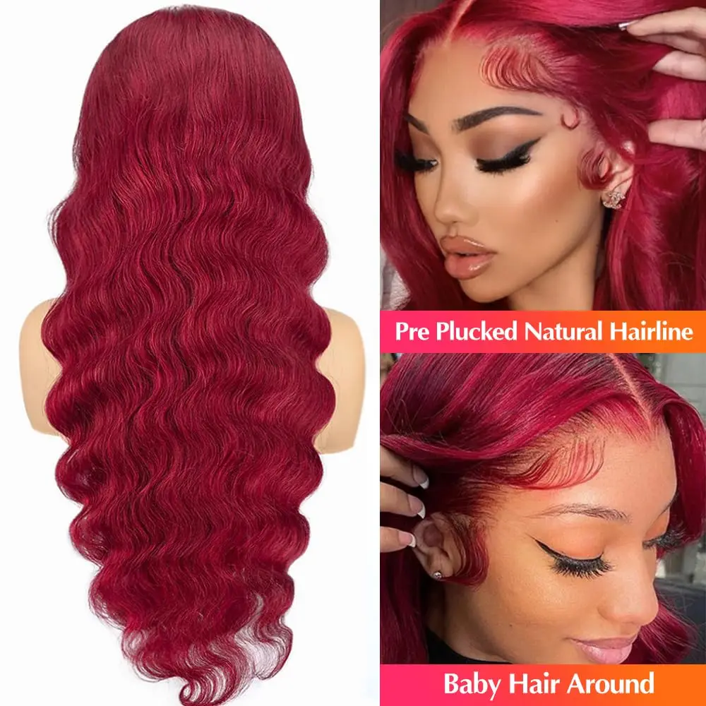 Wig Rambut Asli 34 Inch 200% Density Body Wave Burgundy 13x4 HD Lace Front Untuk Wanita 99j Bug Colored 13x4 HD Lace Frontal Wig