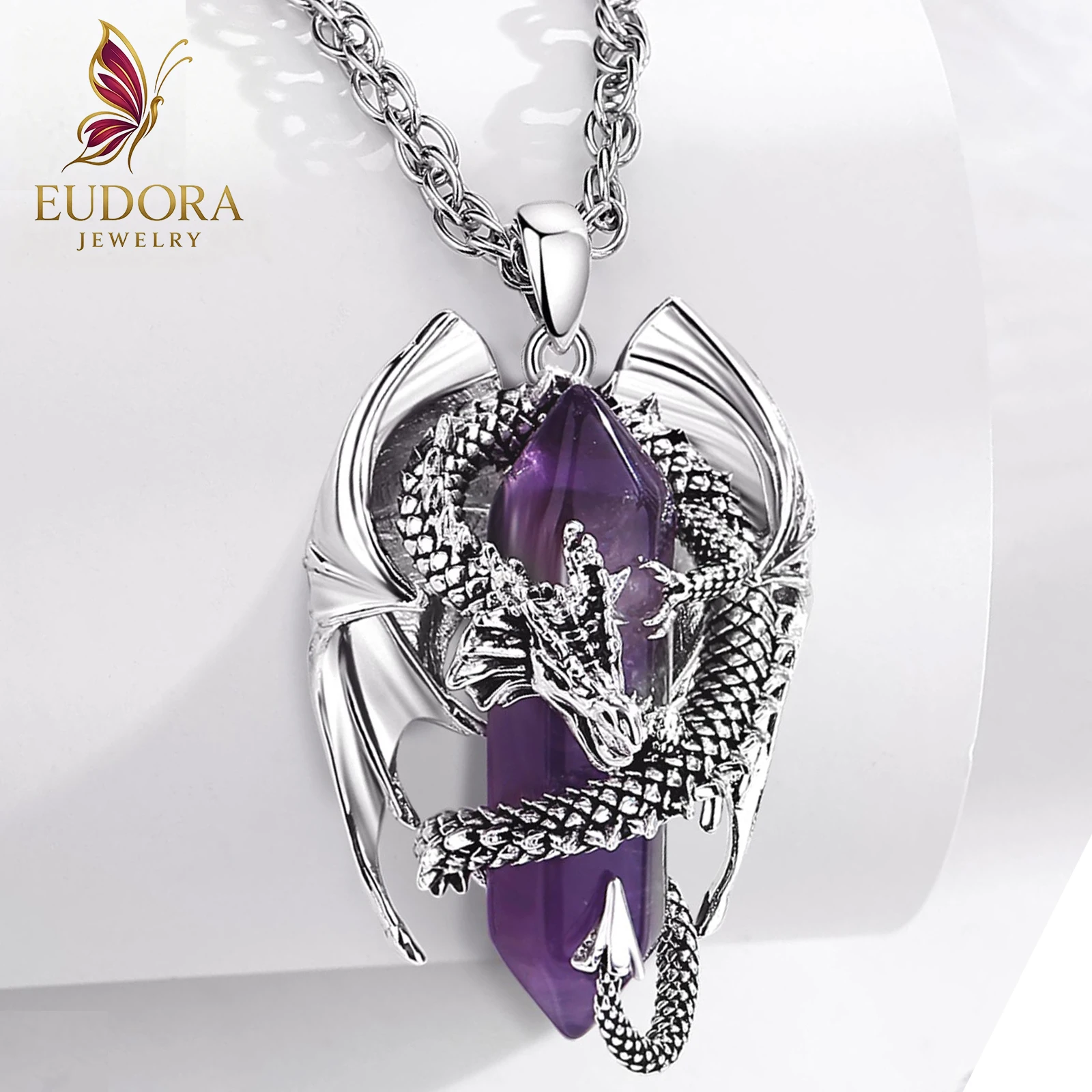 Eudora Amethyst-Drachen-Halskette, Punk-Stil, natürlicher Kristall, Heilstein, Amulett-Anhänger, spiritueller Schmuck, Geschenk für Männer und Frauen