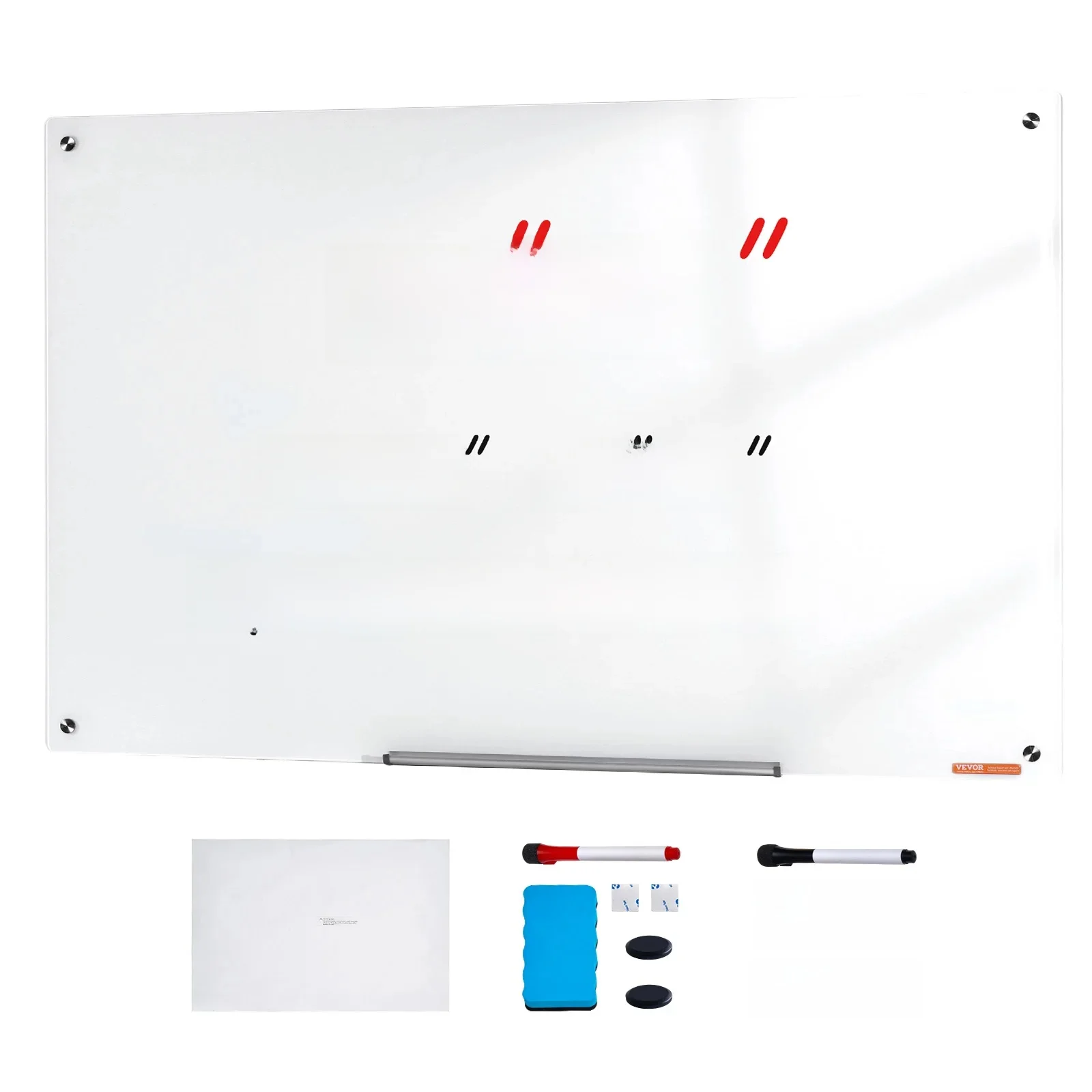 VEVOR Tableau Blanc Magnétique en Verre Effaçable à Sec 90 x 60 cm, Grand Tableau Mémo Mural sans Cadre, avec Plateau de Marqueurs, un Effaceur et 2 Marqueurs, pour Bureau École Restaurant Domicile